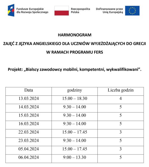 Harmonogram zajęć z języka angielskiego